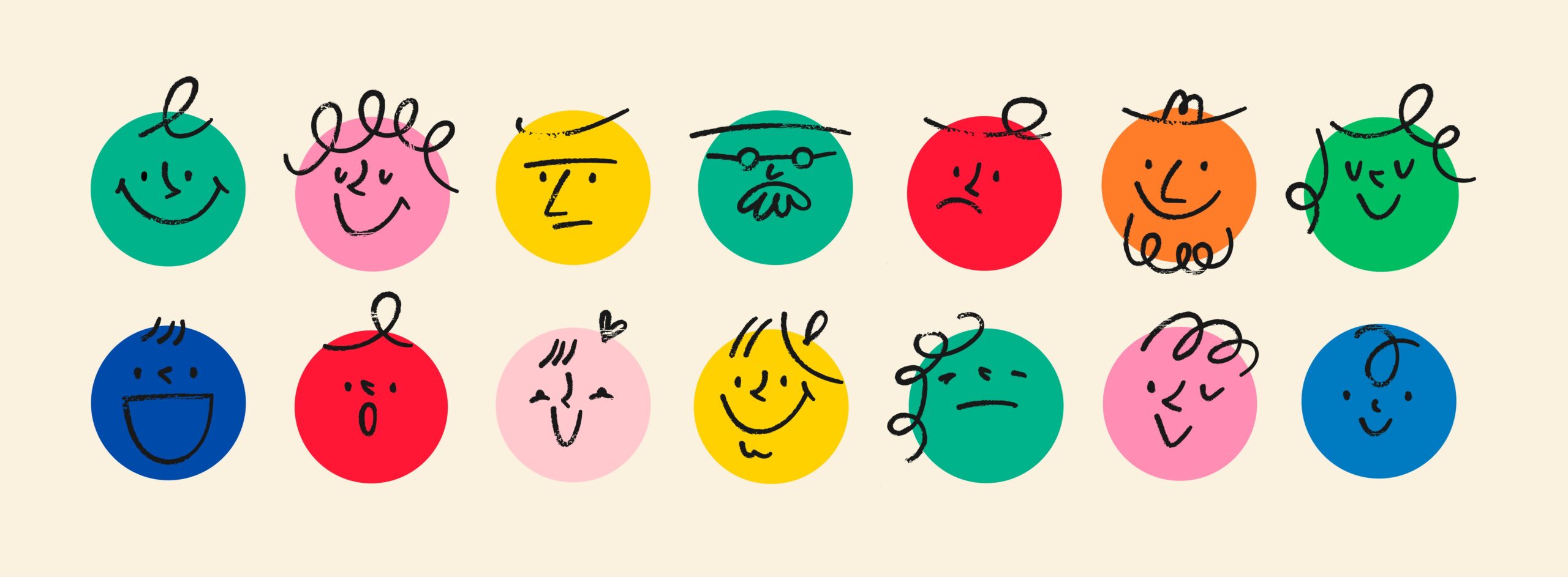 Colourful people circular face cartoons lots of different expressions