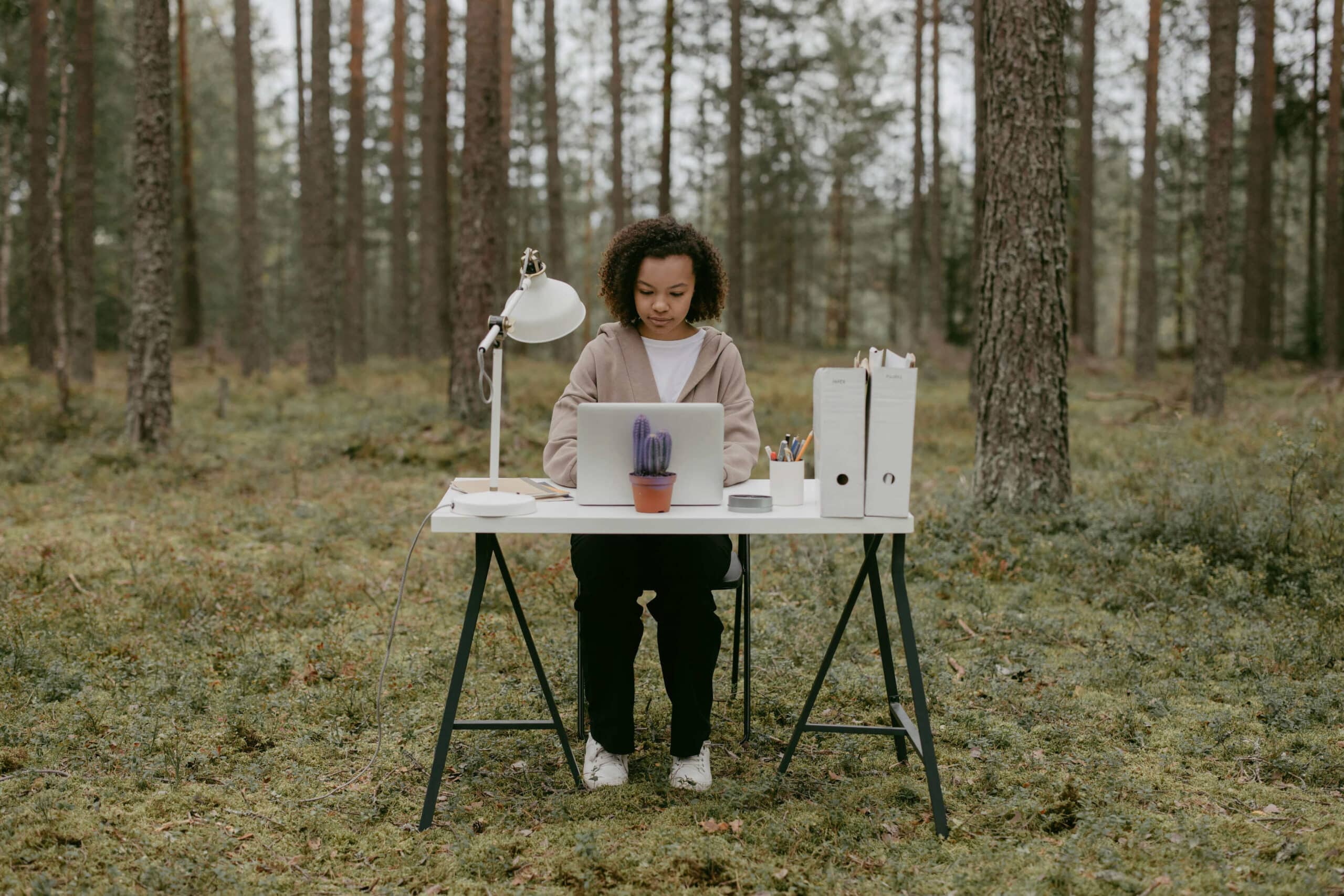 a woman sitting at a desk on a laptop in a forest