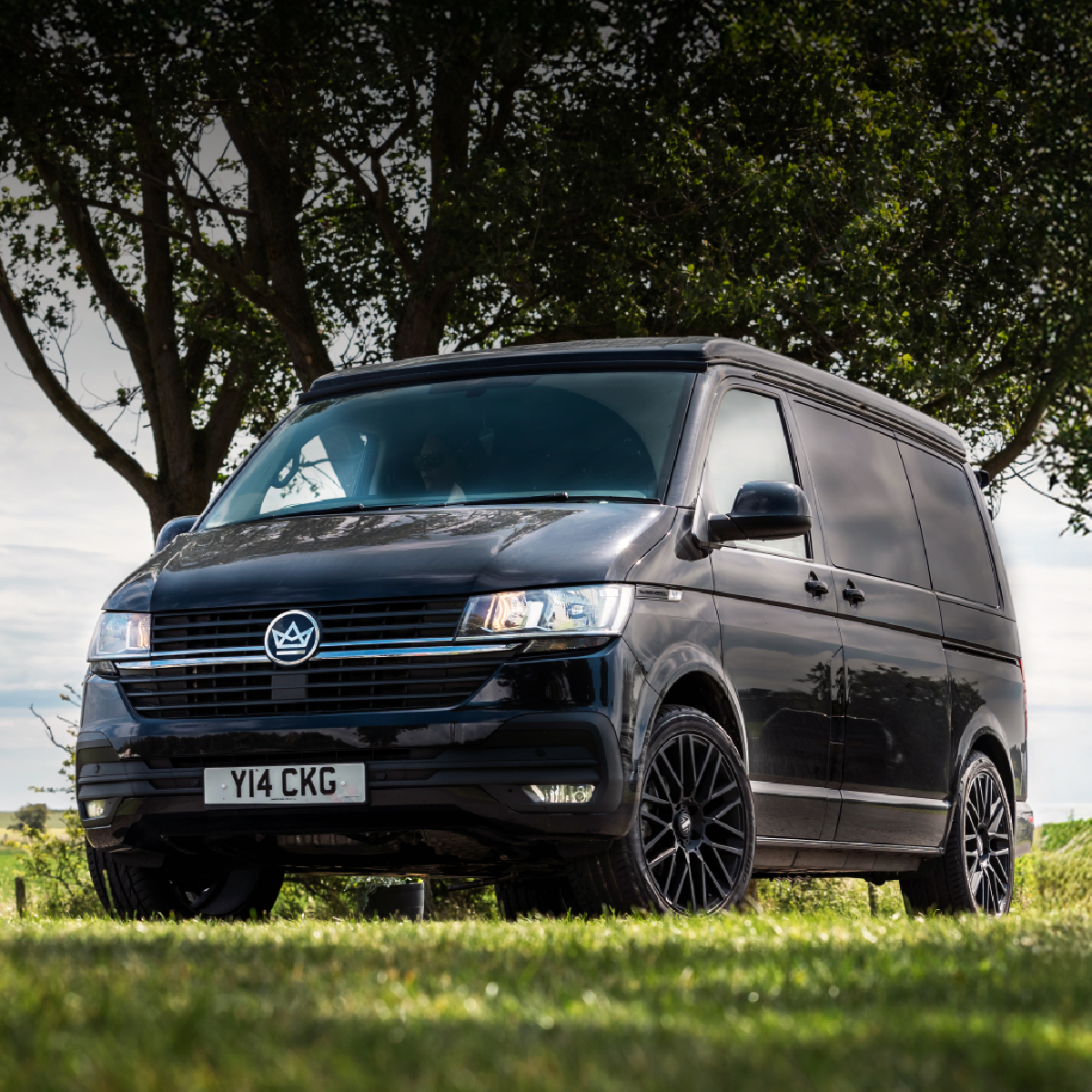 camperking converted VW T6 campervan in a field with tree's in the background