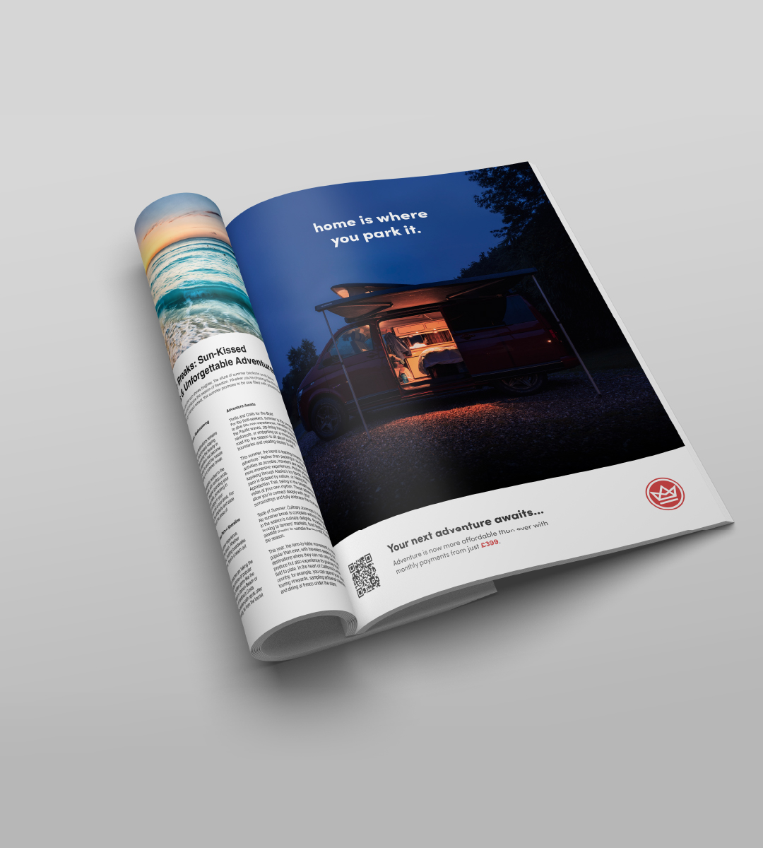 A magazine open on a table showing a camperking full page advertisement