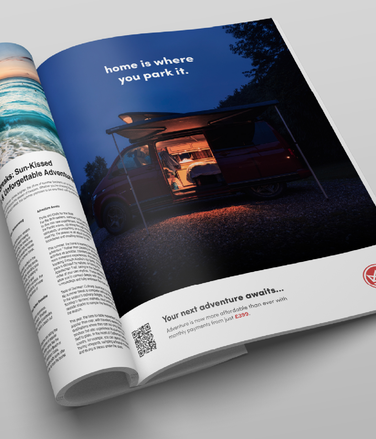 A magazine open on a table showing a camperking full page advertisement