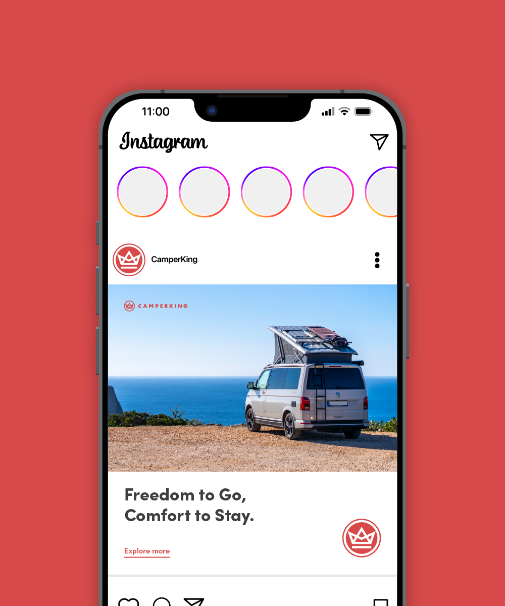 a mockup of a camperking instagram post on a red background