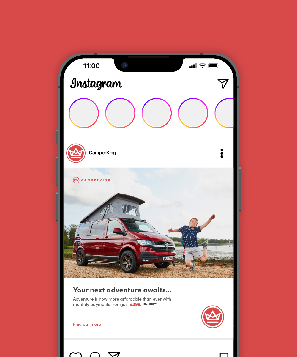 a mockup of a camperking instagram post on a red background