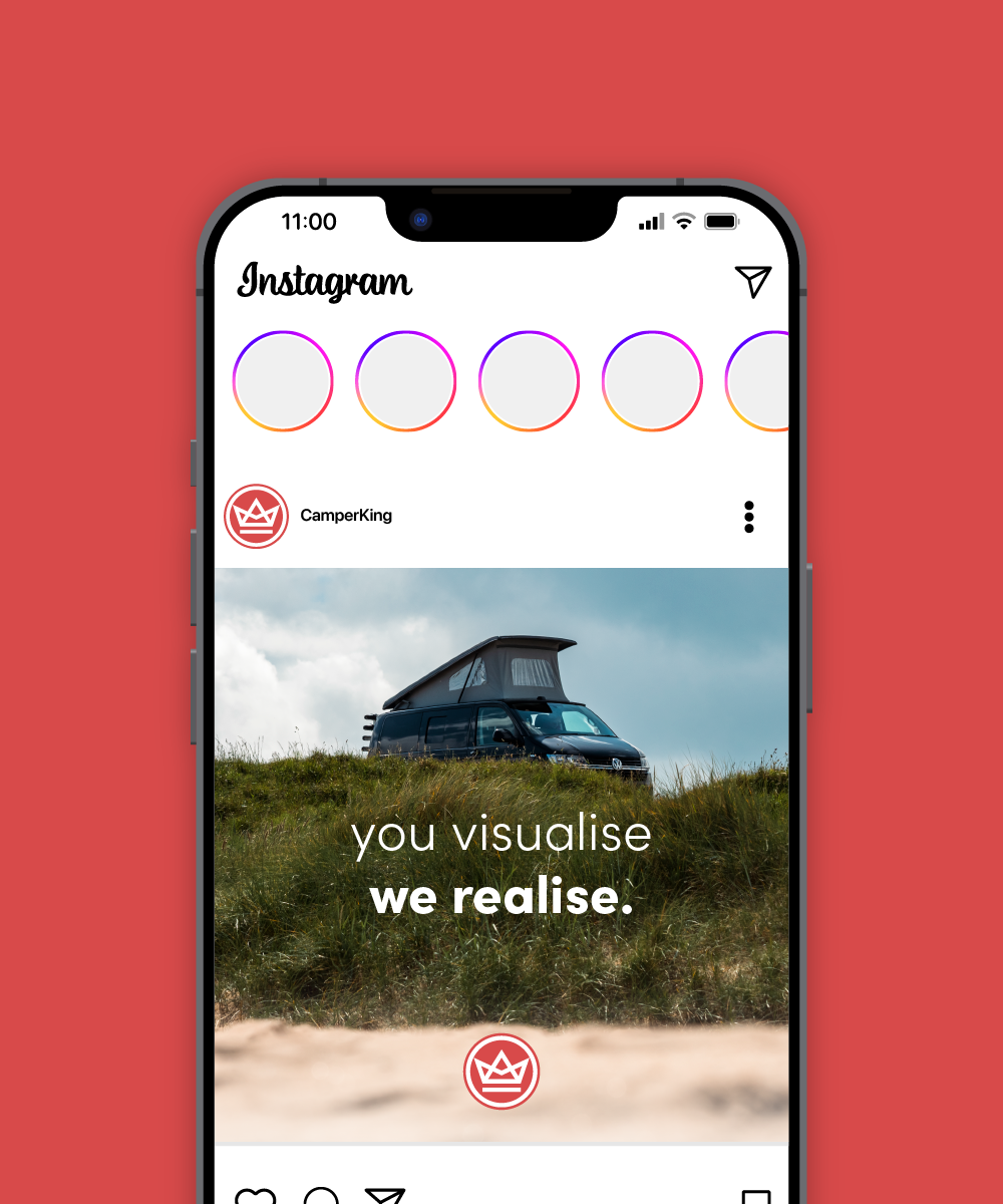 a mockup of a camperking instagram post on a red background
