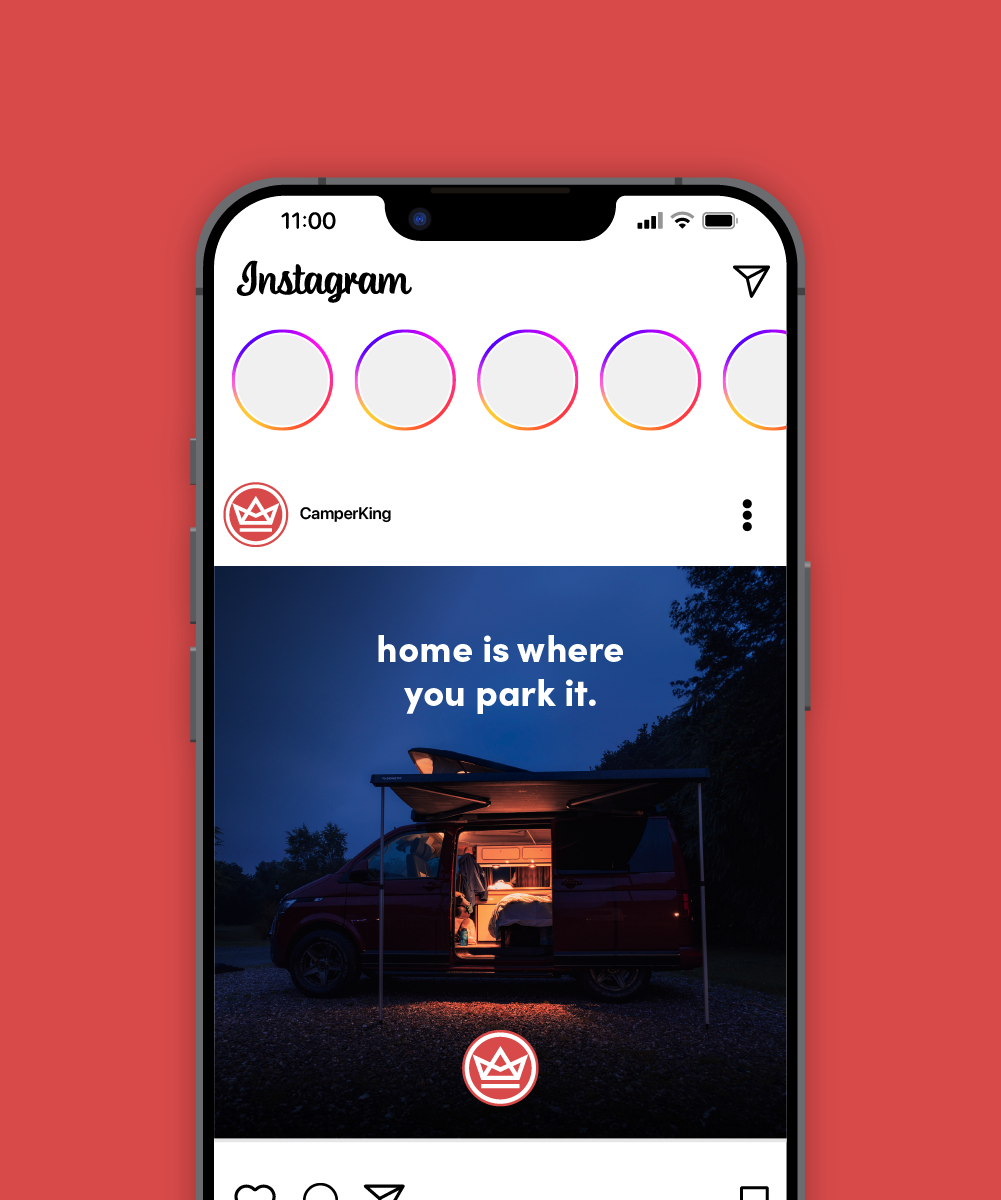 a mockup of a camperking instagram post on a red background