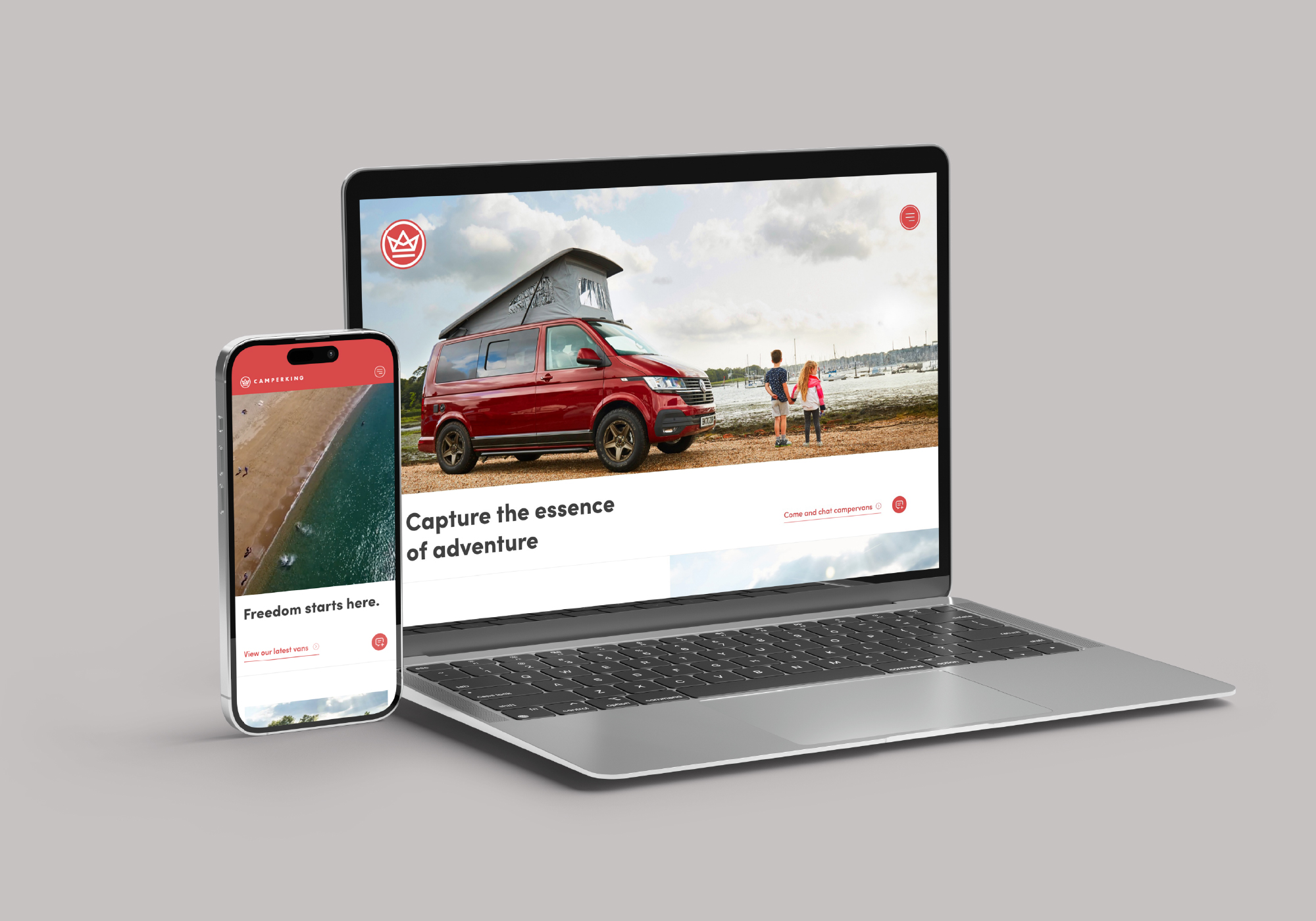 Mobile phone and laptop displaying camperkings website homepage