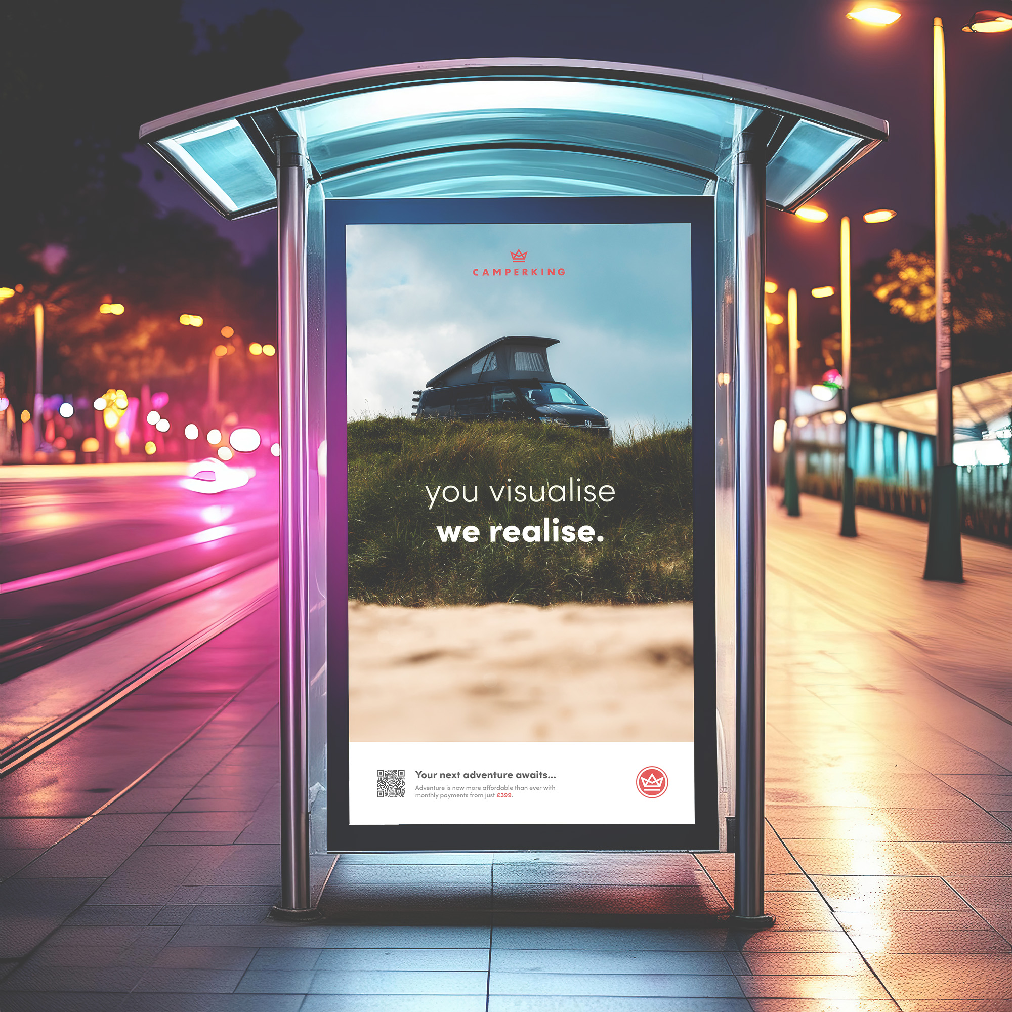 image of a bus stop billboard with our creative campaign mockup for CamperKing
