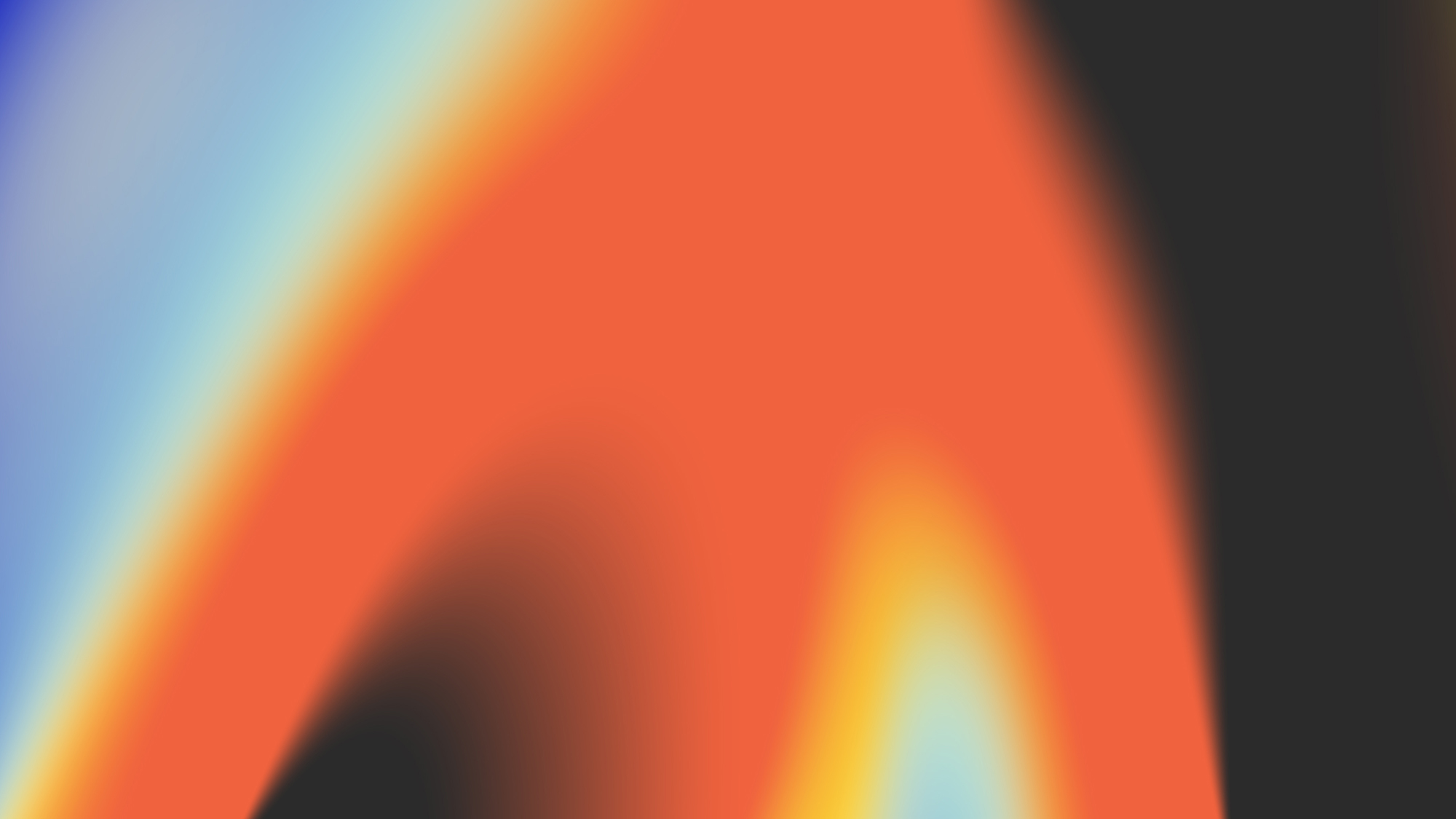 Abstract horizontal gradient with soft blends of blue and teal on the left transitioning into warm orange and red tones, with a yellow glow near the lower right and a dark shadowed edge on the far right.